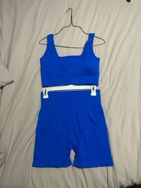 Electric Blue Ribbed sports bra Tank and High-Waist Biker Shorts 2 piece Set